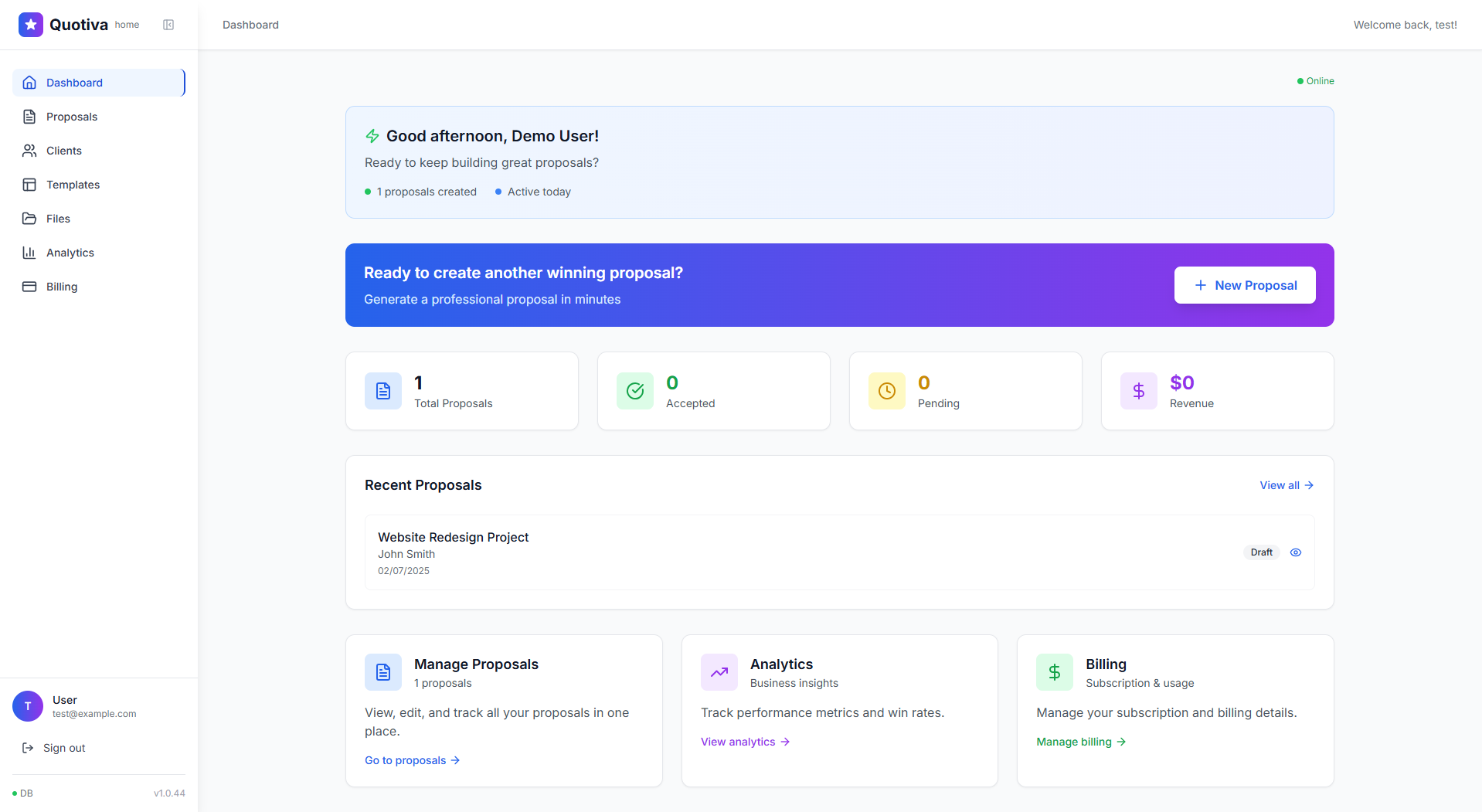 Quotiva proposal creation dashboard showing form inputs and live preview for a new proposal