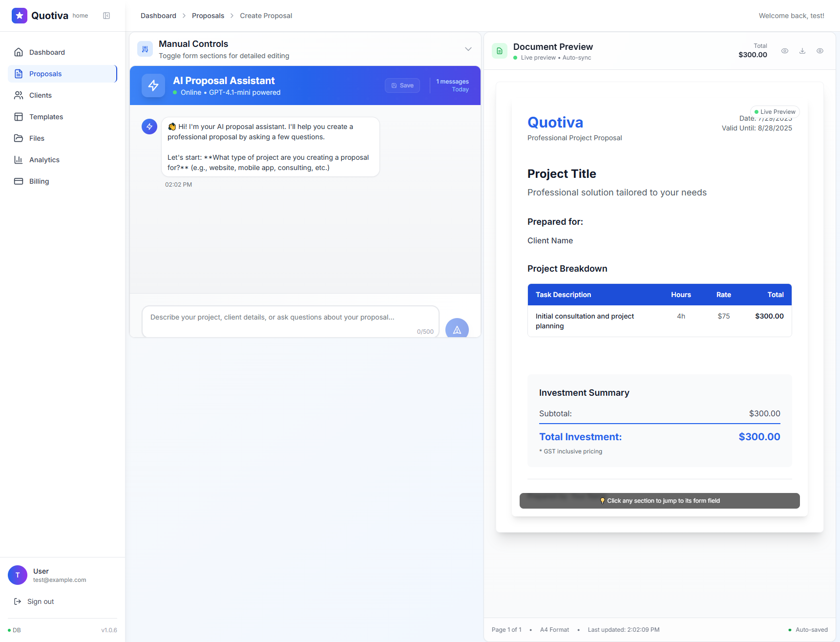 Quotiva proposal creation dashboard showing pricing and sections management